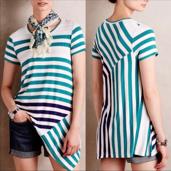 🌼 Anthro's Little Yellow Button Striped Asymmetric Long Knit Tee XXS - Picture 1 of 5